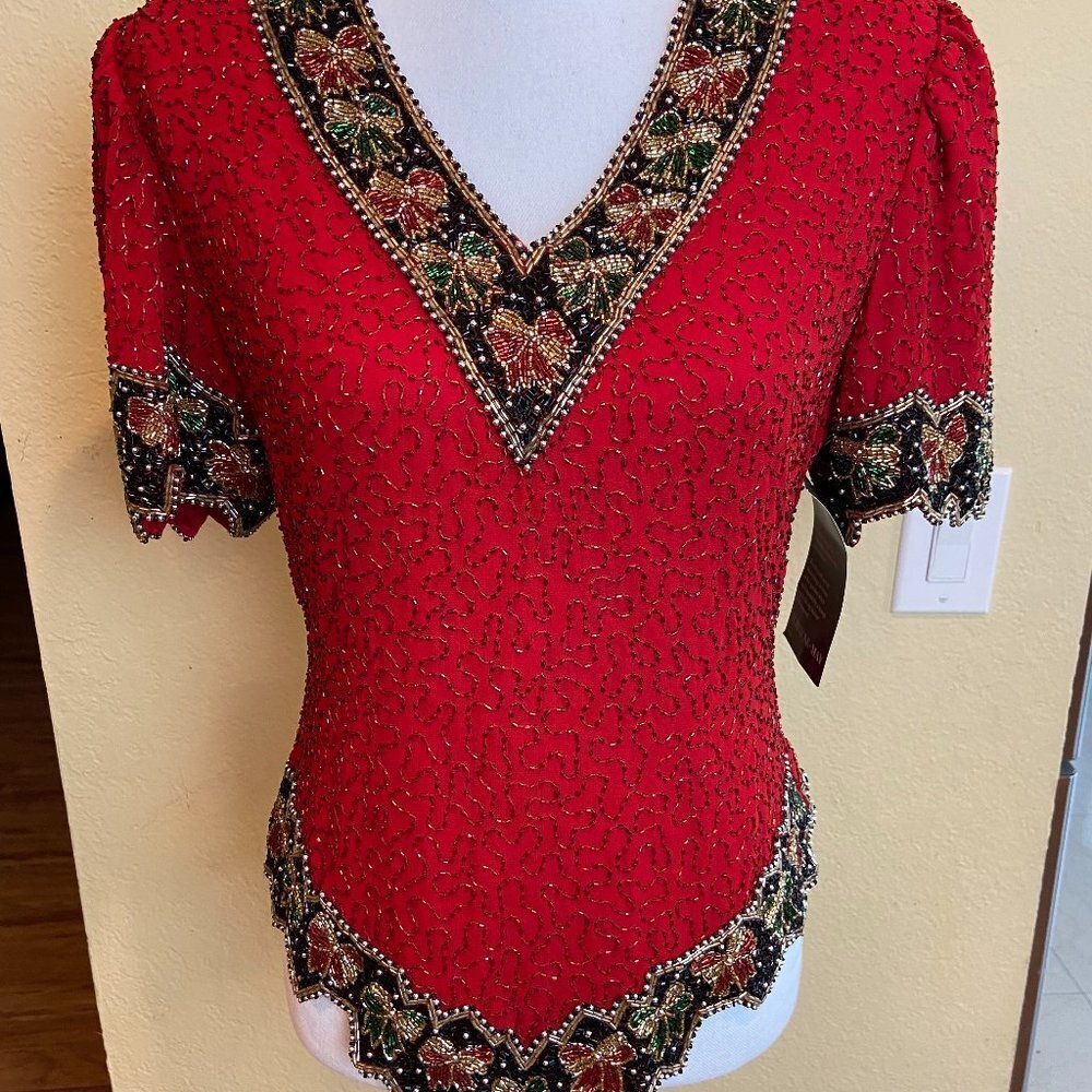 Vintage Glam Red Silk Beads Christmas Evening Party Top Size M